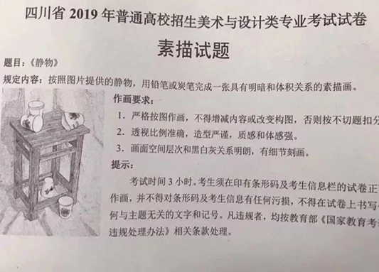 四川省2019届美术高考联考素描考题